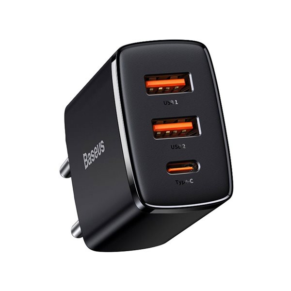 Baseus Vegglader 2xUSB, 1XUSB-C 30W 3A - Sort