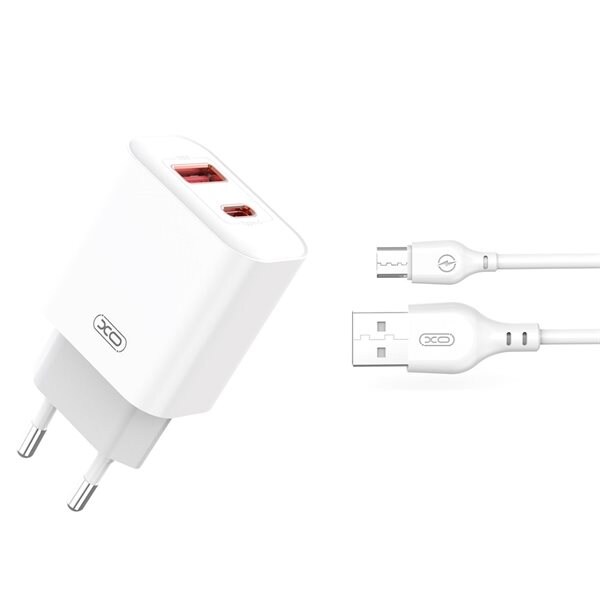 XO USB-Lader med 1x USB 1x USB-C PD QC3.0 20W & MicroUSB-kabel