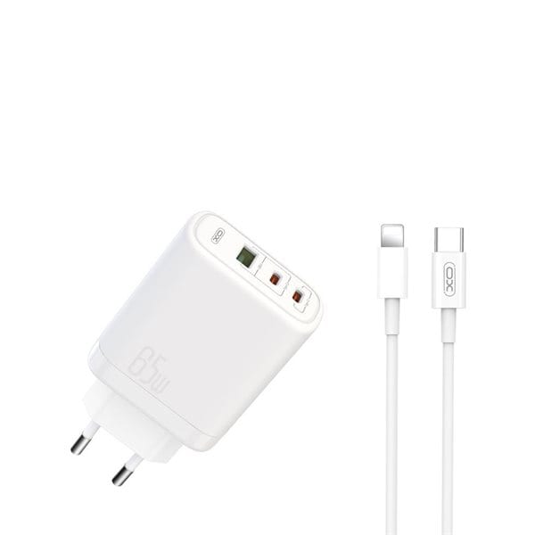 XO USB-lader med 2xUSB-C & 1xUSB PD 65W QC 4 45W med lightningkabel