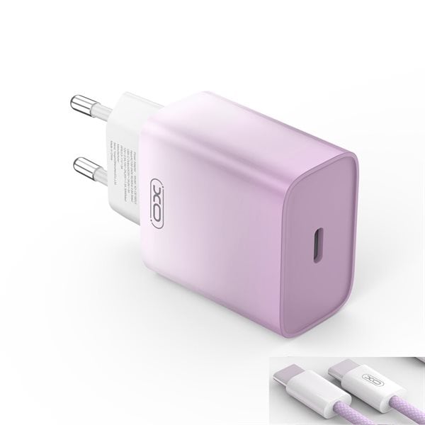 XO USB-C-lader PD 30W med USB-C-kabel - Lilla/Hvit