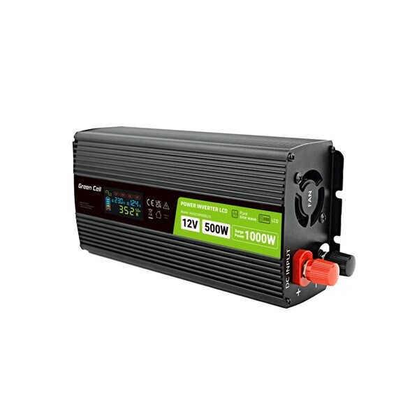 Green Cell LCD-spenningsomformer 12V 500W/1000W Ren sinus med display