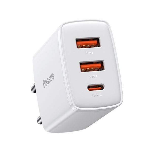 Baseus Vegglader med 2XUSB + 1xUSB-C 30W 2A PD - Hvit