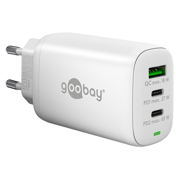 Goobay USB-Lader med PD GaN 65W 1xUSB & 2xUSB-C - Hvit