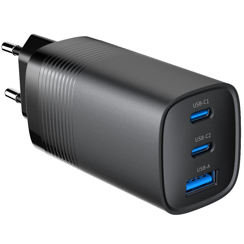 USB-hurtiglader 65 W med PD QC 3.0 1xUSB 2xUSB-C - Svart