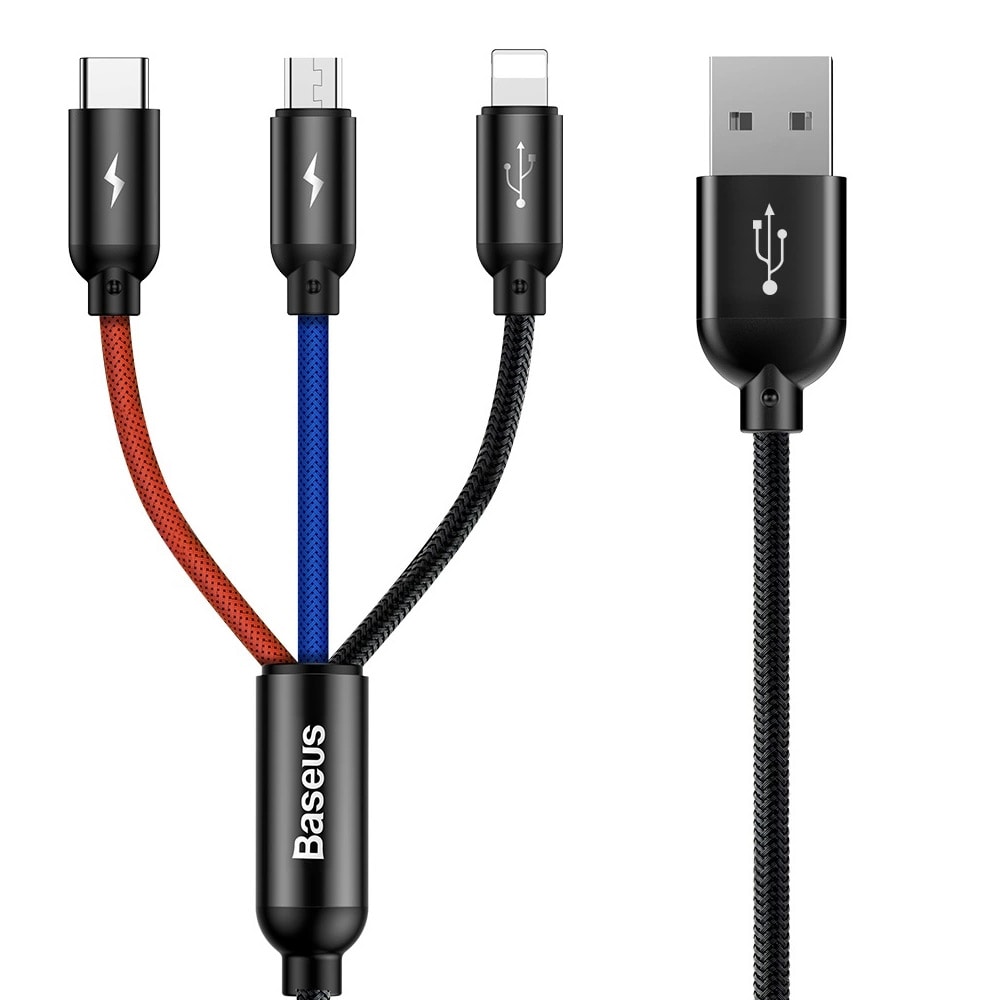 3-i-1 USB-kabel USB til microUSB / Lightning / USB-C 3,5A 30 cm