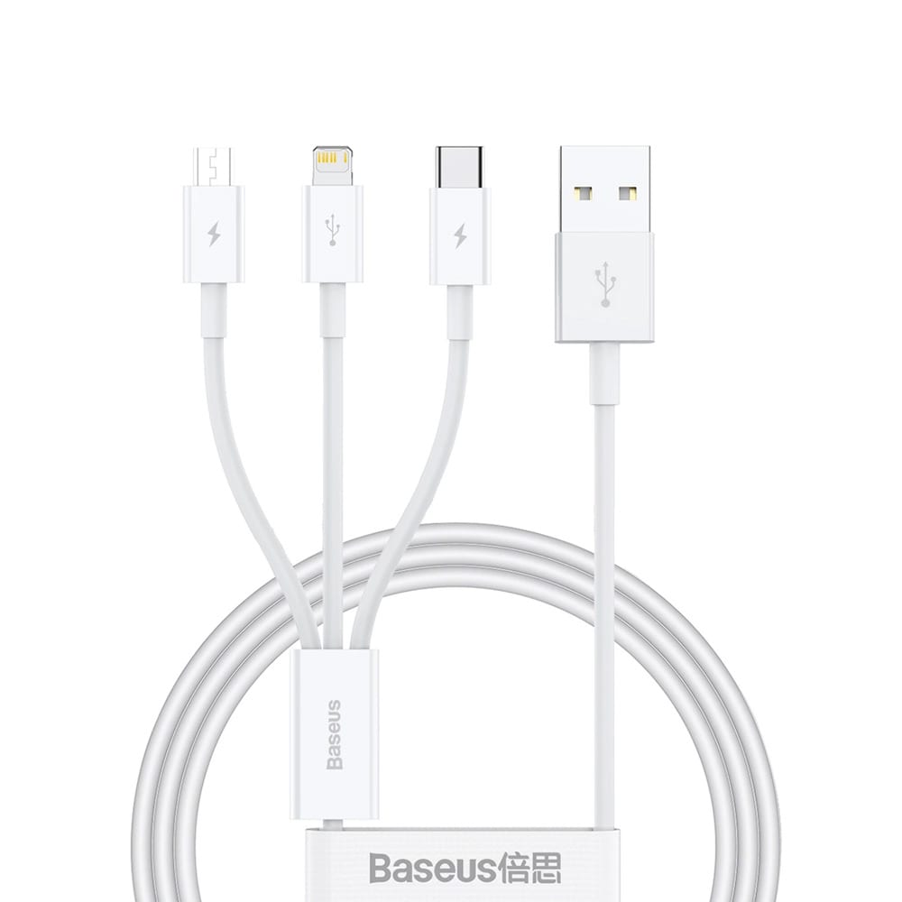 3-i-1 USB-kabel USB til microUSB / Lightning / USB-C 3,5A 50 cm