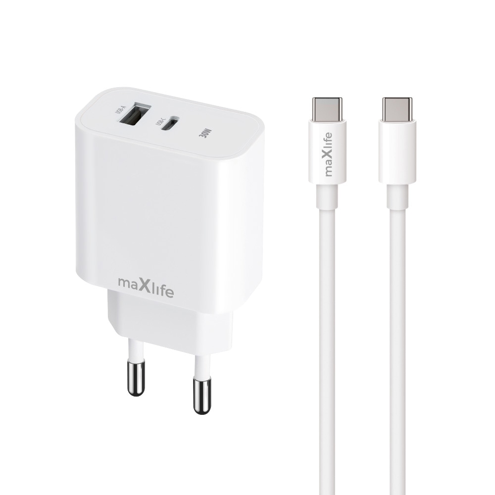 USB-lader PD QC 30W med USB og USB-C + USB-C-kabel 60W