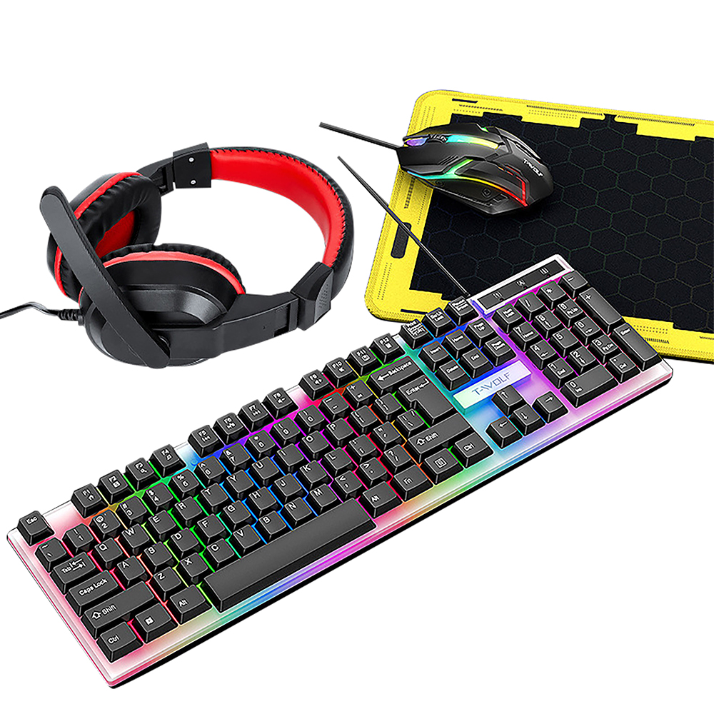 Gaming-sett med LED-tastatur, hodesett, mus og musematte