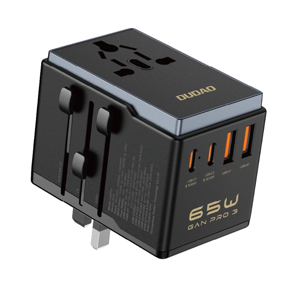 Dudao reiseadapter 65 W EU/US/JP/AUS/UK med 2x USB-C 2x USB-A - svart