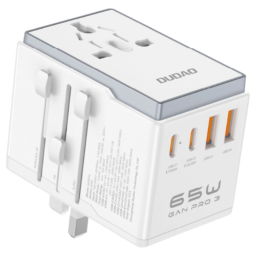 Dudao reiseadapter 65 W EU/US/JP/AUS/UK med 2x USB-C 2x USB-A - hvit