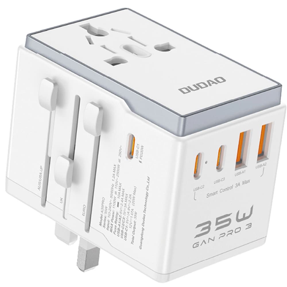 Dudao reiseadapter 35W EU / UK / AUS / US / JP med 3x USB-C 2x USB-A - Hvit