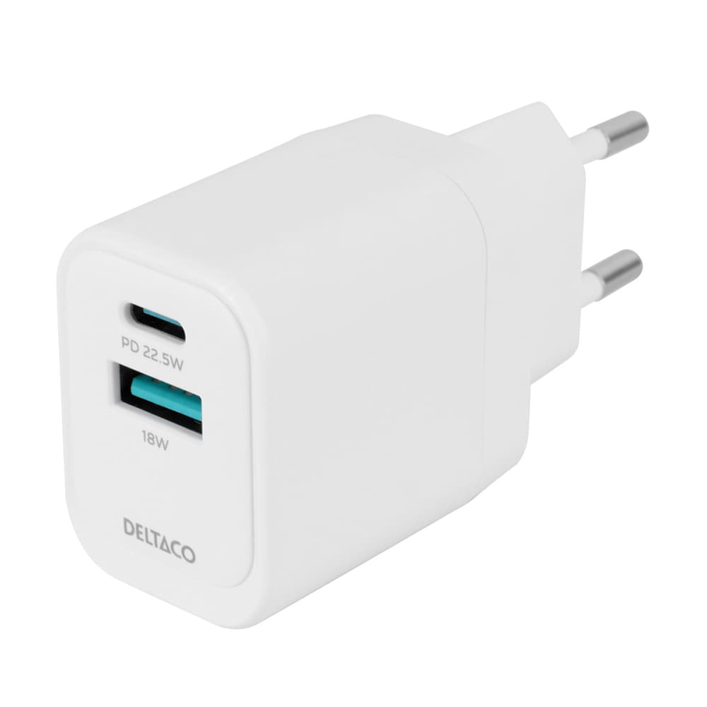 Deltaco Vegglader med 1xUSB 18W og 1xUSB-C PD 20W