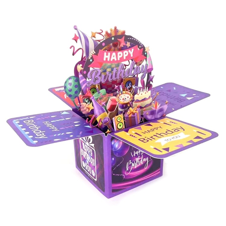 Fargerik 3D Happy Birthday-eske med pop-up-funksjon - Lilla