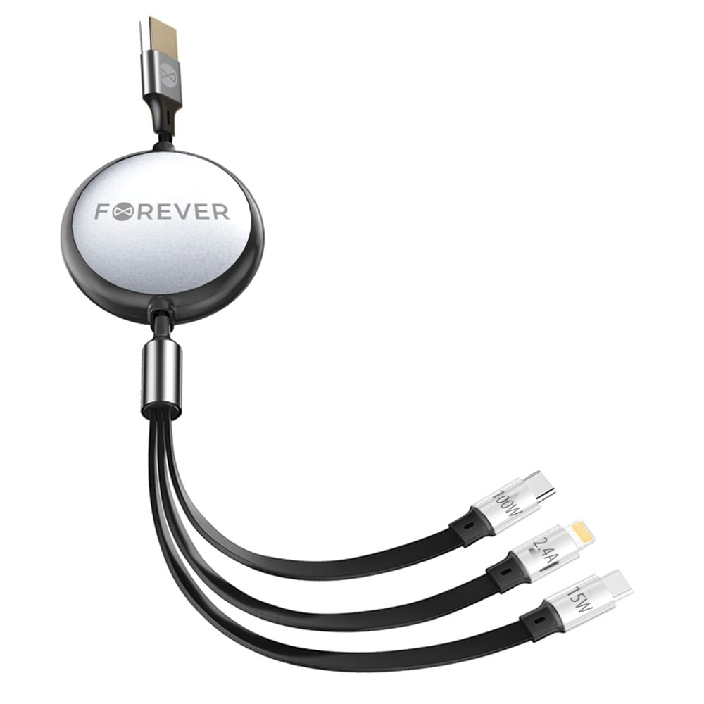 Forever 3in1 USB-kabel, USB til Lightning + 2xUSB-C 1,2 m 100W - Svart